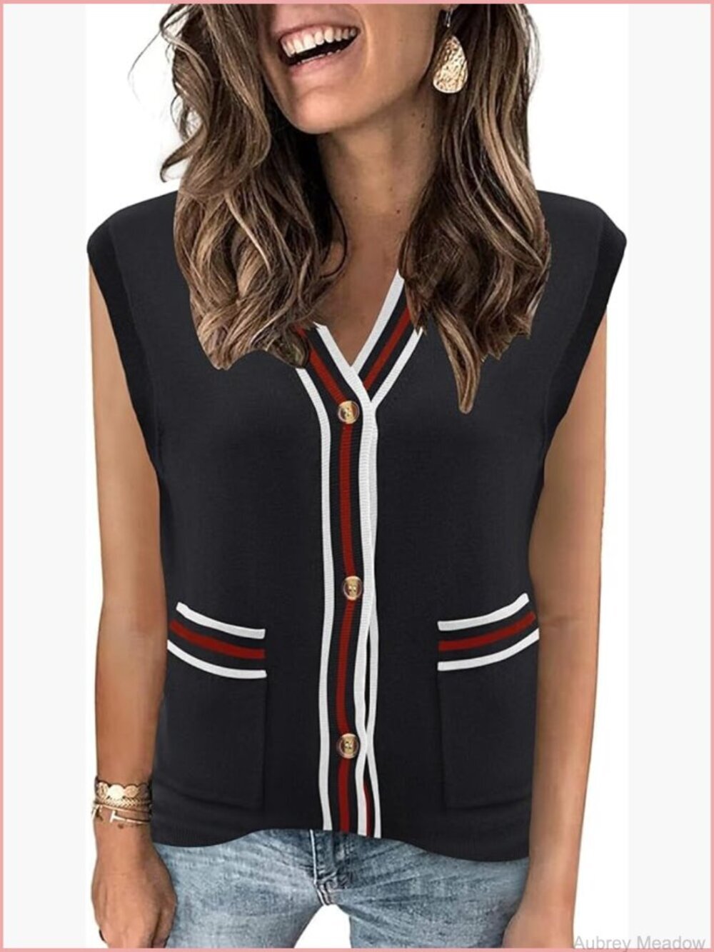 Sweater Vest Women Cap Sleeve Striped V Neck Button Down Knit Cardigan with